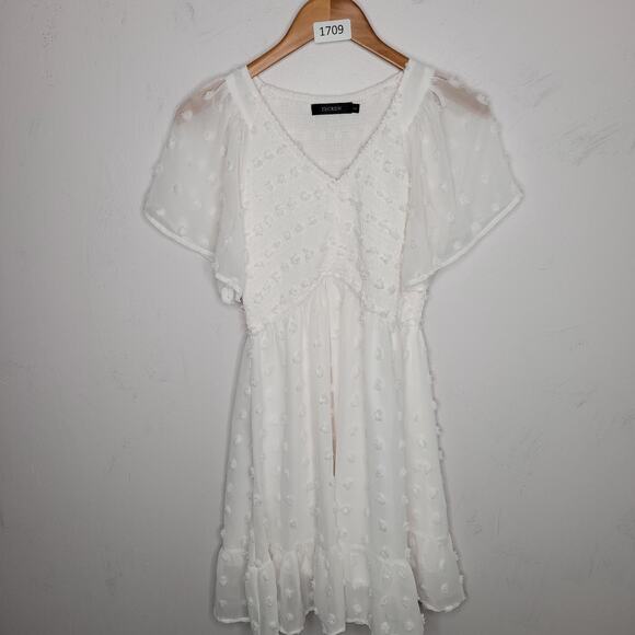 Teacrew Babydoll Mini Dress Size Small White Smocked Romantic Ruffles Boho Tired - Picture 1 of 12